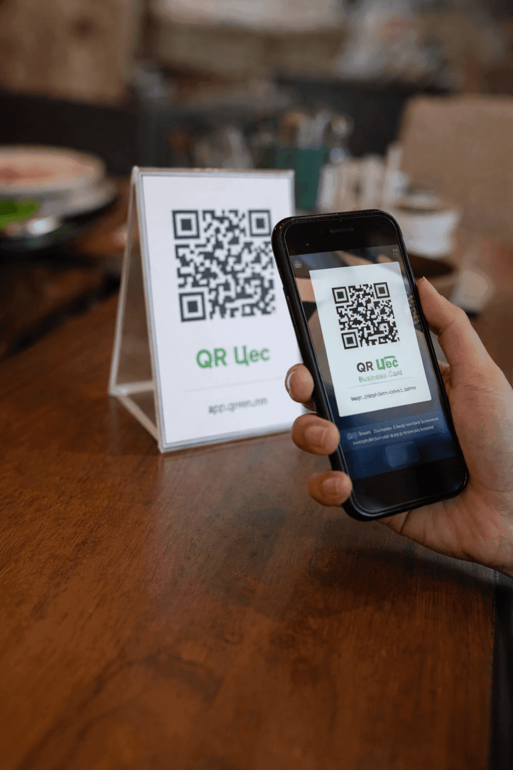 Ширээн дээрх QR наалт уншуулж буй зочин